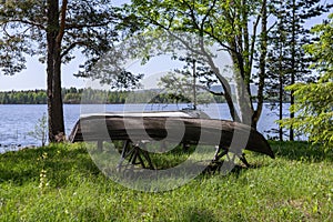 Old wooden row boat in summer sunshine