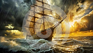 Old Wooden Sailing Ship Braving the Waves of a Wild Stormy Sea - Generative Ai
