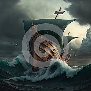 an old wooden sailing ship in the midst of stormy seas, mythological iconography, dark bronze, and green, generative ai