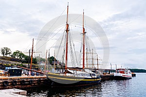 Old Wooden Sailing Ship Moored in the harbour of Oslo