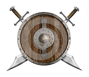 Old wooden shield and two crossed sabers isolated