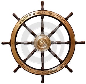 Old wooden ship's steering wheel photo