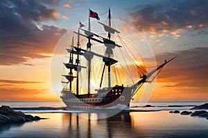 Old Wooden Ship At Sea Pirate Ship Oceanfaring Vessel