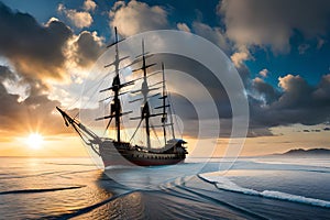 Old Wooden Ship At Sea Pirate Ship Oceanfaring Vessel