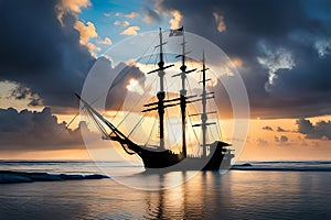 Old Wooden Ship At Sea Pirate Ship Oceanfaring Vessel