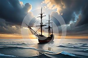 Old Wooden Ship At Sea Pirate Ship Oceanfaring Vessel