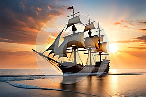 Old Wooden Ship At Sea Pirate Ship Oceanfaring Vessel