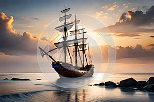 Old Wooden Ship At Sea Pirate Ship Oceanfaring Vessel