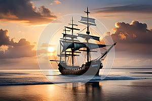 Old Wooden Ship At Sea Pirate Ship Oceanfaring Vessel