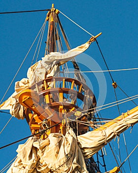 An old wooden ship. Ship mast close up