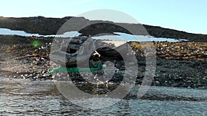 Old wooden ship after shipwreck Arctic Ocean on New Earth Vaigach Russian North.