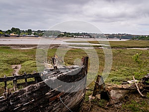 Old wooden ship, wrecks on the Salt Marshes by the River Torridge Estuary at Bideford on the South West Coast Path in Devon,