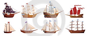 Old wooden ships. Cartoon sailing ship, wind sail boat pirate frigate warship longboat simple schooner nave, traditional