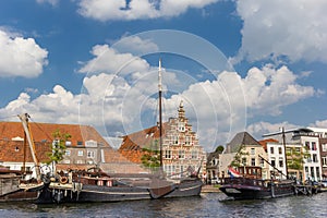 Old wooden ships in the center of historic Leiden