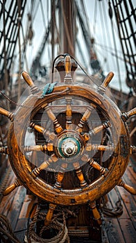 Old Wooden Ships Helm Standing Guard Over a Silent Deck The wheel blurs with the sea