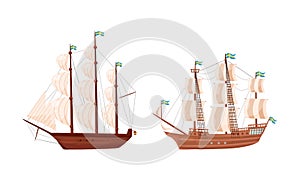 Old Wooden Ships with Sails and Fluttering Flags Vector Set