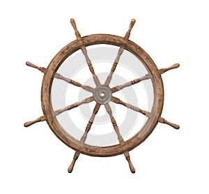 Old wooden ships wheel isolated.