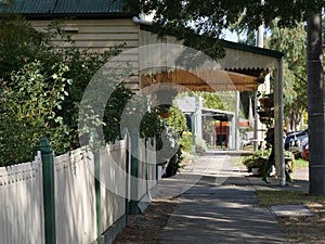 Old wooden shop verandah and fence in Whittlesea, Victoria, Australia