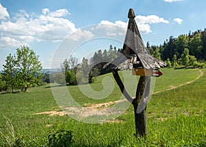 Old wooden sign board on green grass. Rustic wood signboard in shape of small house with roof. Retro rural natural village banner