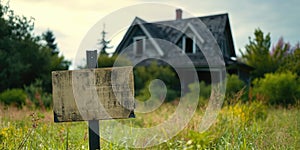 An old wooden sign in front of an old house in the countryside. Sale of the house. Copy space.