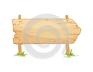 Old wooden sign on a grass with mushrooms. Vector illustration.