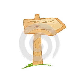 Old wooden sign on a grass with mushrooms. Vector illustration.