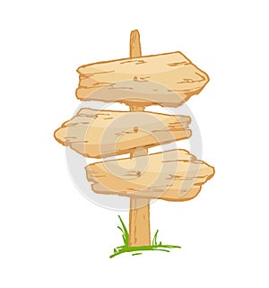 Old wooden sign on a grass with mushrooms. Vector illustration.