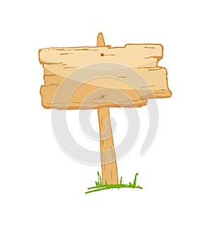 Old wooden sign on a grass with mushrooms. Vector illustration.