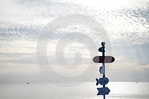 Old wooden signpost on the beach. Evening sky background, happy summer vacation concept