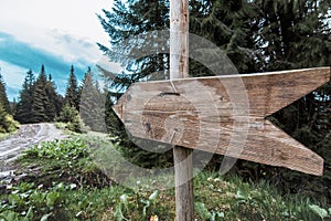 Old wooden signpost Rustic wooden track pointer against blue sky. Blank sign boards in natureRustic wooden track pointer