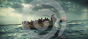 Old wooden single motor boat vessel overloaded with African refugees people chasing by Coast Guard boat in open sea near