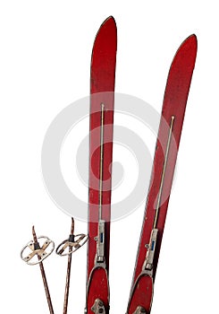Old wooden skis on white