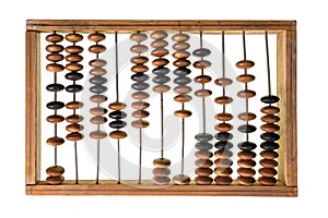 Old wooden Soviet retro abacus. Ancient wooden bills with round beads