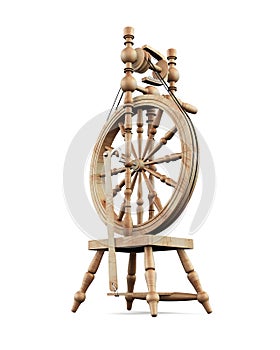 Old wooden spinning wheel on white background.