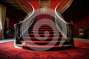Old wooden spiral staircase with red carpet and carved handrails. Generative AI