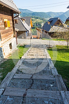 Old wooden stage in Drvengrad, Serbia