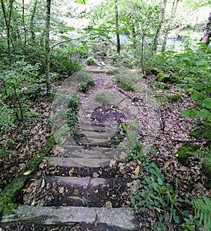 Old wooden staircase. Floor covered with litter along the river