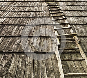 Old wooden staircase on wooden roof.Useful as background