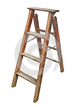 Old wooden stepladder isolated.