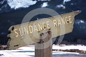 An old Wooden sundance mountain range sign