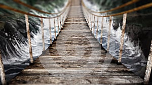 Old wooden suspended bridge on wild river. 3D illustration