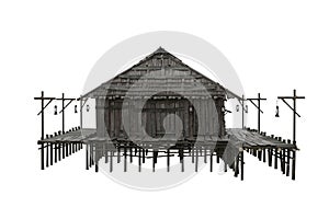 Old wooden swamp house built on stilts over water. 3d rendering isolated on white with clipping path