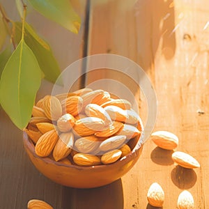 Old wooden table adorned with almonds nestled in an orange cup