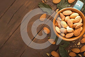Old wooden table adorned with almonds nestled in an orange cup