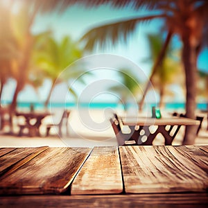 Old wooden table top on blurred beach background with coconut palm leaf. Concept Vacation, Summer, Beach, Sea