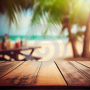 Old wooden table top on blurred beach background with coconut palm leaf. Concept Vacation, Summer, Beach, Sea