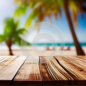 Old wooden table top on blurred beach background with coconut palm leaf. Concept Vacation, Summer, Beach, Sea