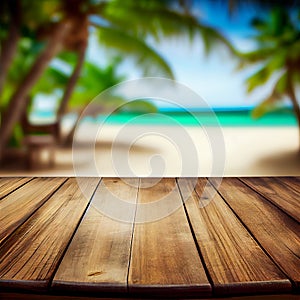 Old wooden table top on blurred beach background with coconut palm leaf. Concept Vacation, Summer, Beach, Sea