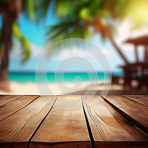 Old wooden table top on blurred beach background with coconut palm leaf. Concept Vacation, Summer, Beach, Sea