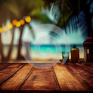 Old wooden table top on blurred beach background with coconut palm leaf. Concept Vacation, Summer, Beach, Sea